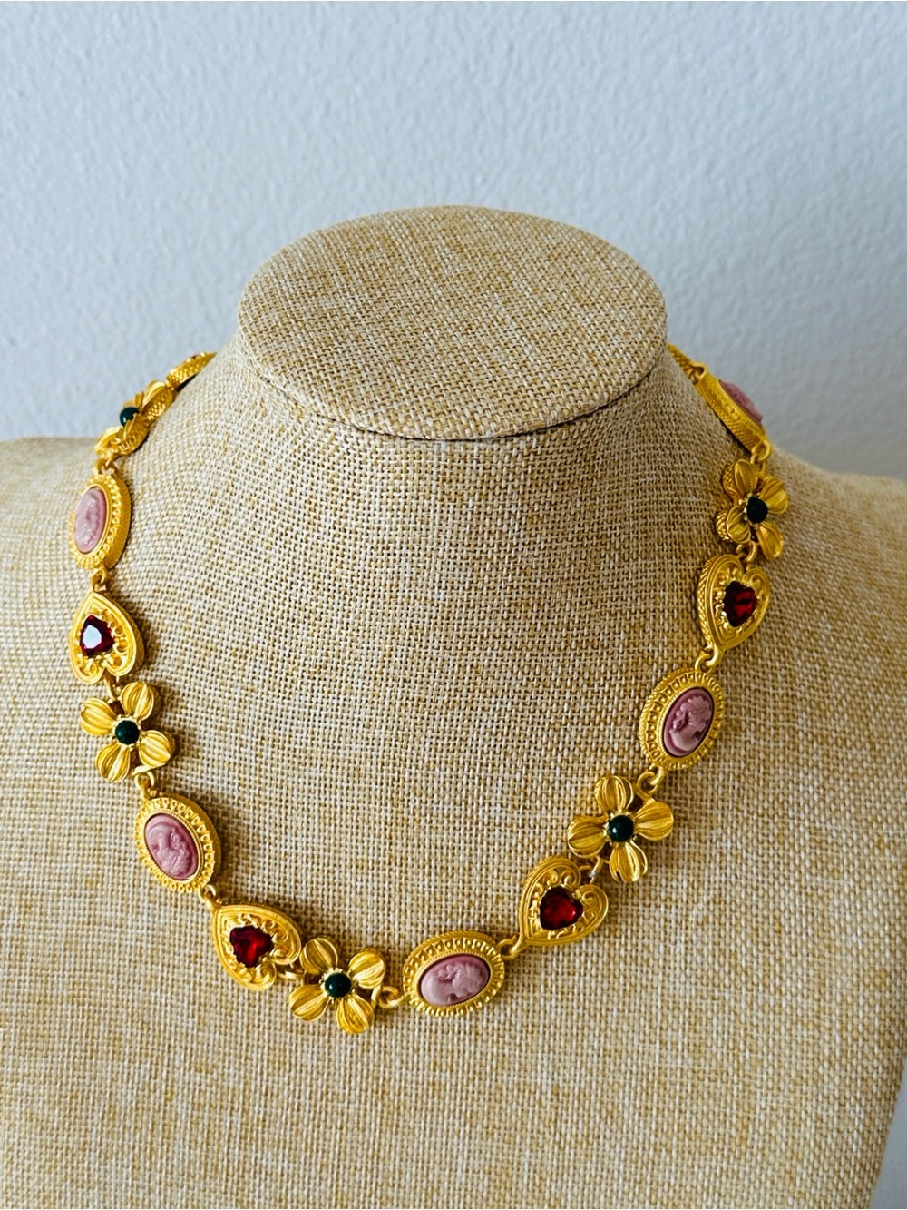Fashion Jewelry Gold-Tone Necklace with Pink Cameos, Red Hearts & Green Centers